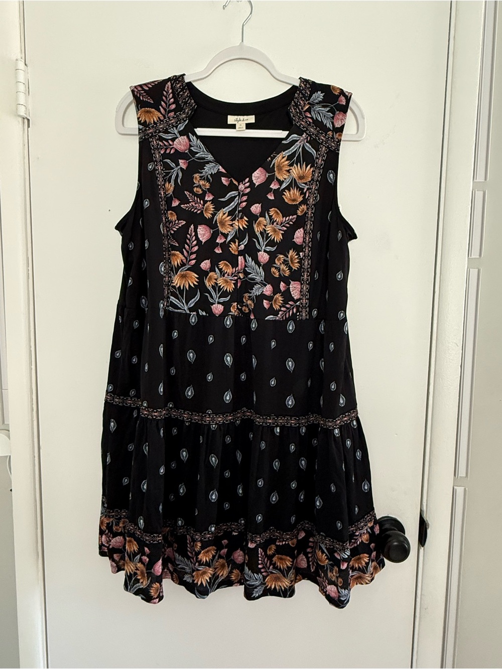 Style & Co Women’s XL Black Floral Boho Tiered Sleeveless Dress